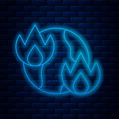 Parlayan neon hattı küresel ısınma yangın ikonu tuğla duvar arkasında izole edildi. Vektör.