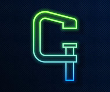 Parlak neon hattı klemp ve vida araç simgesi mavi arkaplanda izole. Çilingir aleti. Vektör.