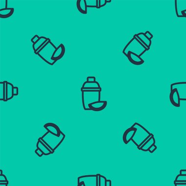 Yeşil arka planda, limon simgesi izole edilmiş mavi çizgi kokteyl karıştırıcısı. Vektör.