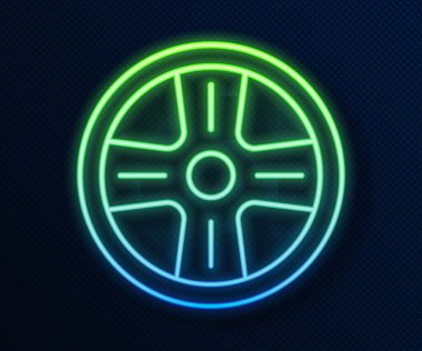 Mavi arka planda izole edilmiş bir araba simgesi için parlayan neon hat alloy tekerleği. Vektör.