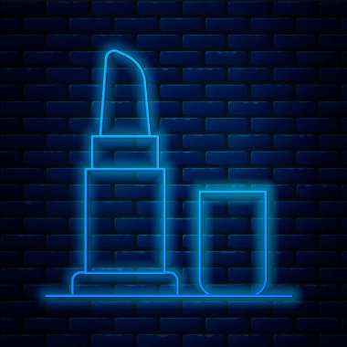 Parlayan neon çizgisi ruj simgesi tuğla duvar arka planında izole edilmiş. Vektör