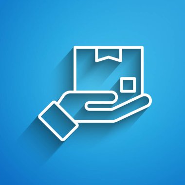 Mavi arka planda karton kutular ikonu olan beyaz çizgi teslimat eli. Kuryeyle kapı kapı dolaşacağız. Uzun gölge. Vektör