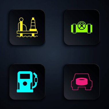 Yedek tekerleği arabaya, petrol platformu denizine, benzin istasyonuna, metal borulara ve vanaya yerleştir. Siyah kare düğme. Vektör