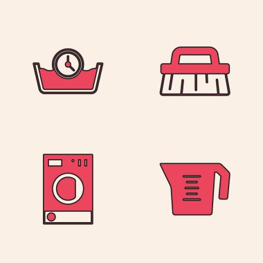 Ölçme kabını, zaman yıkamayı, temizlik fırçasını ve çamaşır yıkama simgesini ayarla. Vektör