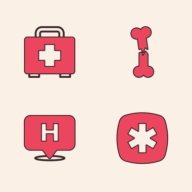 Yaşam Yıldızı, ilk yardım çantası, kırık kemik ve hastane ikonu. Vektör