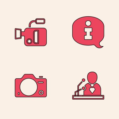 Son dakika haberleri, sinema kamerası, bilgi ve fotoğraf simgesi. Vektör