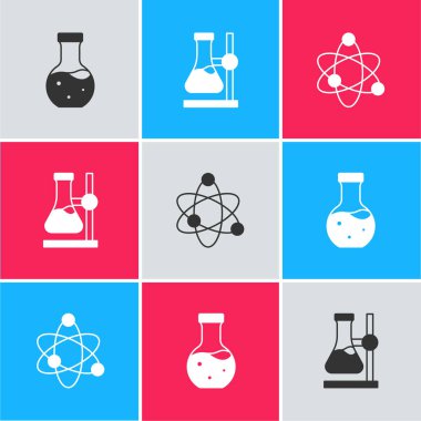 Test tüpünü, matarayı ve Atom simgesini hazırlayın. Vektör