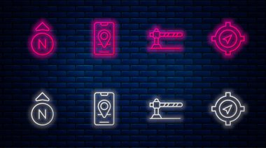 Şehir haritası navigasyonu, park yeri bariyeri, pusula ve... Tuğla duvarda parlayan neon simgesi. Vektör