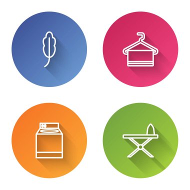 Hat Feather, havlu askıda, çamaşır makinesi ve ütü masası. Renkli daire düğmesi. Vektör