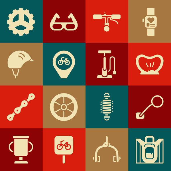 Set Hiking backpack, Bicycle rear view mirror, punctured tire, handlebar, Location with bicycle, helmet, sprocket crank and air pump icon. Vector