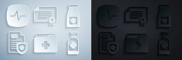 设置病人记录 药瓶和药丸 抗菌肥皂 证书模板和心率图标 — 图库矢量图片