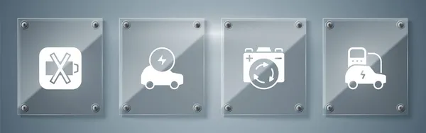 设置电动汽车 带有回收符号的电池和低电池 方块玻璃面板 — 图库矢量图片
