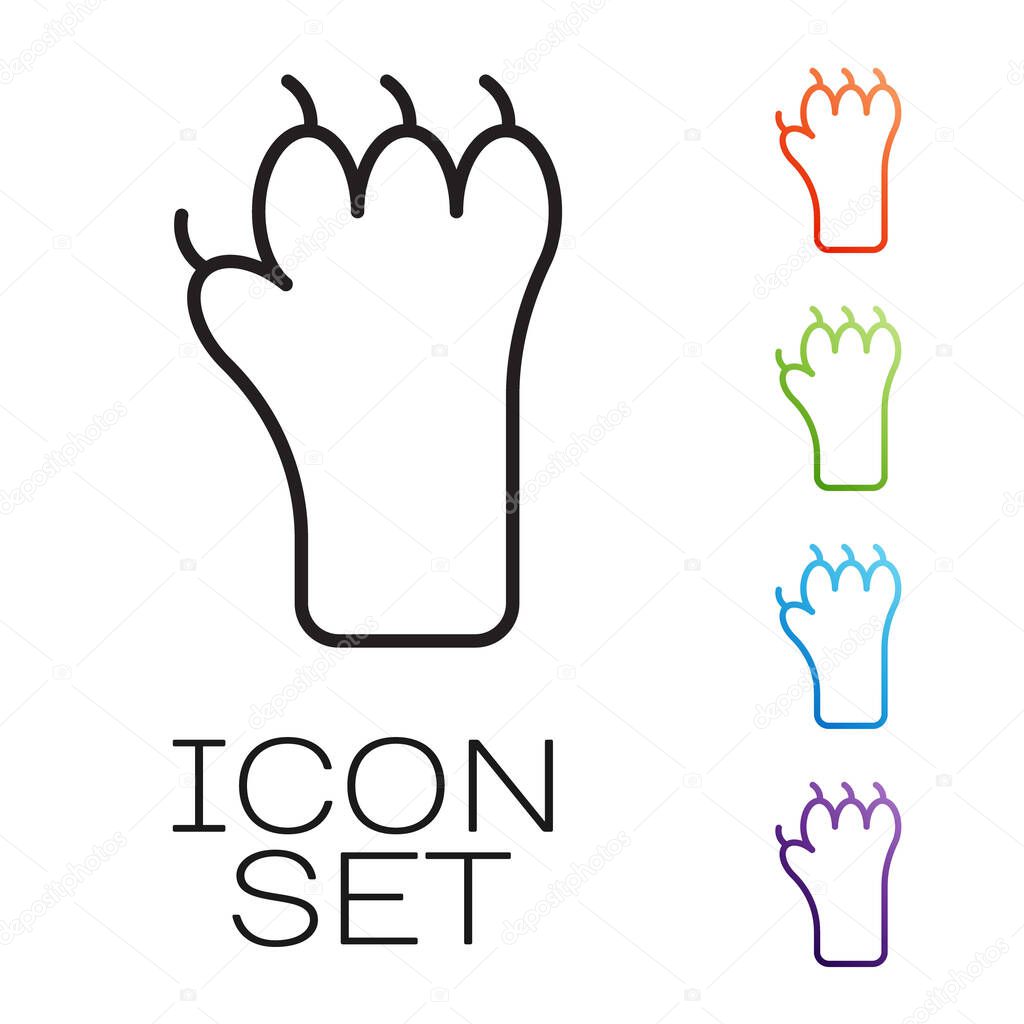 Black line Paw print icon isolated on white background. Dog or cat paw print. Animal track. Set icons colorful. Vector.