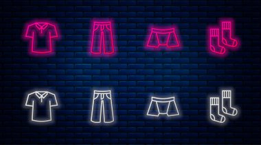Çizgi pantolon, erkek iç çamaşırı, gömlek ve çorap. Tuğla duvarda parlayan neon simgesi. Vektör