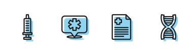Hasta kaydı, şırınga, konum hastanesi ve DNA sembolü ikonu. Vektör