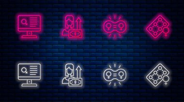 Para yetiştiren kadın, cinsiyet eşitliği, randevu uygulaması ve doğum kontrol hapları. Tuğla duvarda parlayan neon simgesi. Vektör