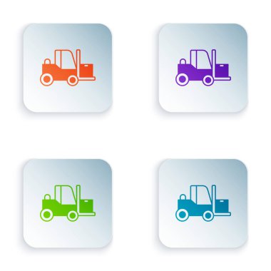 Renkli Forklift kamyon simgesi beyaz arkaplanda izole edildi. Çatal doldurucu ve karton kutu. Kargo teslimatı, nakliye, ulaşım. Kare düğmelere renkli simgeleri yerleştir. Vektör