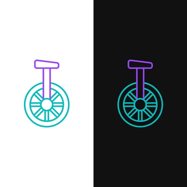 Linje Enhjuling eller en hjul cykel ikon isolerad på vit och svart bakgrund. Monowheel cykel. Färgstarkt skisskoncept. Vektor — Stock vektor