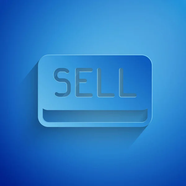 Papel cortado ícone de botão de venda isolado no fundo azul. Conceito de mercado financeiro e de investimento de ações. Estilo de arte de papel. Vetor —  Vetores de Stock