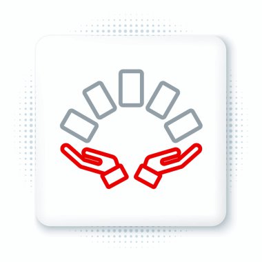 Çizgi El, beyaz arkaplanda iskambil kâğıdı simgesi tutuyor. Kumarhane oyun tasarımı. Renkli taslak konsepti. Vektör