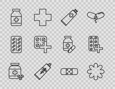 İlaç şişesi ve haplar, Cross hastanesi sağlık sigortası, merhem kremi tüpü, hap, bandaj ve ikon. Vektör