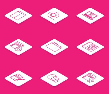 Satır Zarfı, Scotch, Laptop ve çapraz işareti ekranda, vites, dizin, telefon, boş defter silgisi ve simgesi olan belge ayarlarını ayarlayın. Vektör