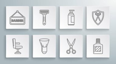 Berber koltuğu, tıraş bıçağı, fırça, makas kuaförü, tıraş losyonu, krem losyon kozmetik tüpü, kalkan ve ikon. Vektör