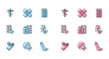 Krem tüpü ilacı, ilaç hapı ya da tablet, Caduceus yılan tıbbi sembolü, astım spreyi, şişe ve haplar, hap paketleri ve çapraz sargı bezi ikonu. Vektör