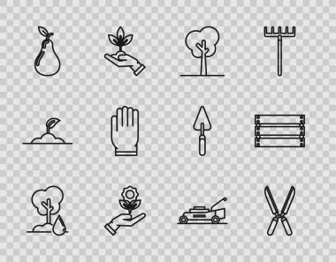 Hat Sulama Ağacı, bahçe makası budamak için el yapımı makas, çiçek, armut, eldiven, çim biçme makinesi ve tahta kutu ikonu. Vektör