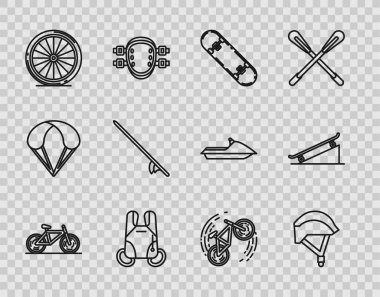 Hat, bisiklet, kask, kaykay numarası, paraşüt, tekerlek, sörf tahtası ve sokak rampası ikonu. Vektör
