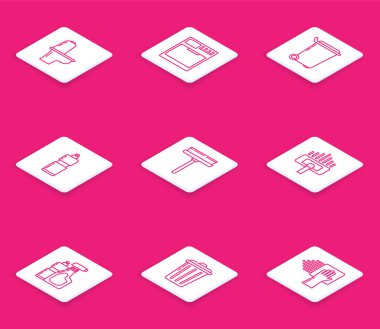 Hat hattı, klozet, çamaşır makinesi, çöp kutusu, sıvı bulaşık deterjanı için plastik şişeler, silecek, kazıyıcı, süpürge, süpürge ve ikon. Vektör