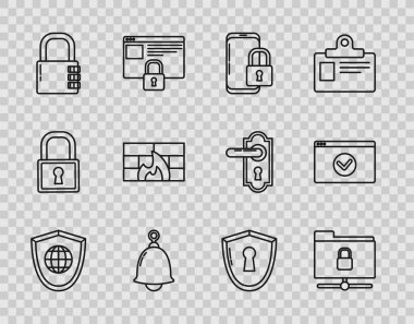 Dünya küresi, FTP klasörü ve kilidi, Smartphone kapalı asma kilit, zil, güvenlik duvarı, güvenlik duvarı, anahtar deliği ve sitenin güvenliğini sağlayın HTTPS, SSL simgesi. Vektör