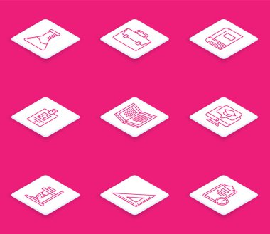 Sınav tüpü ve matara kimya laboratuvarı, evrak çantası, kitap, kimlik kartı, açık kitap, mezuniyet şapkalı monitör, cam test ateşi ve üçgen cetvel ikonu. Vektör