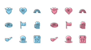 Sıra halinde sigara içme piposu, cüce şapkası ve dört yaprak yoncası, bıyık sakalı, Aziz Patrick günü takvimi, İrlanda bayrağı, tahta bira kupası, altın sikke ve kalp ikonu. Vektör