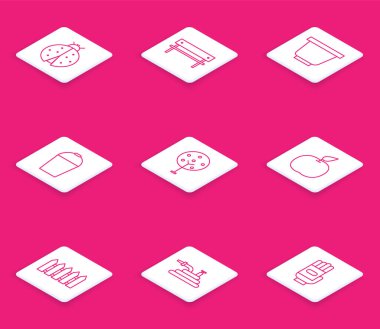 Uğur böceği, benç, saksı, kova, ağaç, elma bahçe çiti ahşap hortum ya da yangın hortumu ikonu. Vektör