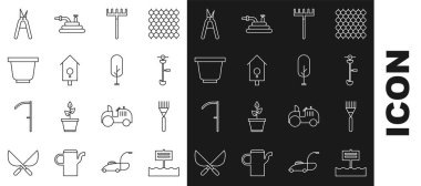 Çizgi boş ahşap tabela tahtası, bahçe tırmığı, ot ve elektrikli tel budayıcı, Retro duvar saati, çiçek saksısı, el yapımı makas ve ağaç ikonu. Vektör