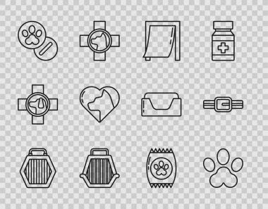 Pet taşıma çantası, pati izi, evcil hayvan kapısı, köpek ve haplar, kedili kalp, yiyecek çantası ve yaka etiketi ikonu. Vektör