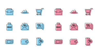 Hat Stacks kağıt para, cüzdan, çanta, yüzde indirim ve telefon, Zarf faizli, yüzde indirimli etiket, Shope çanta satışı ve erkek şapka ikonu. Vektör