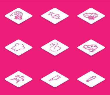 Taze donmuş balık bifteği, balık, et, şef şapkası, kızarmış tavuk kanadı, ızgara ve ateş, ızgara ızgara ve et doğrayıcı ikonu. Vektör