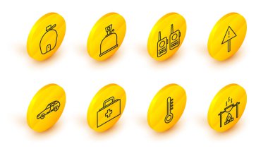 Kamp ateşi ve esrar, Meteoroloji termometresi, ilk yardım çantası, araba, ünlem işareti üçgen, telsiz, kamp gazı ocağı ve kantin su şişesi ikonu. Vektör