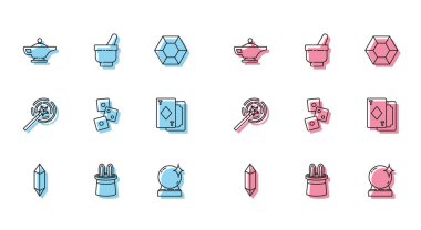 Sihirli taş, sihirbaz şapkası ve tavşan kulağı, lamba ya da Alaaddin, top, oyun zarları, iskambil kağıtları, değnek ve havan topu ikonu. Vektör