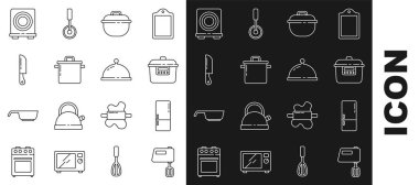 Elektrik karıştırıcı, buzdolabı, ağır ateşte pişirme tenceresi, bıçak, soba ve tepsi ikonu. Vektör