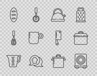 Ölçme kabı, elektrikli soba, saplı kettle, şef şapkası konuşma balonu, ekmek somunu, kahve, tencere ve ikon. Vektör