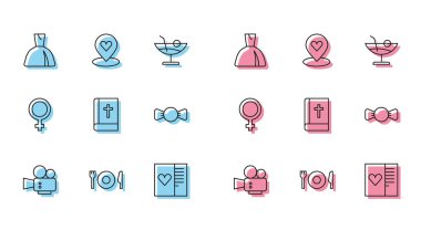 Kamera, tabak, çatal ve bıçak, kadın elbisesi, kalpli kartpostal, kutsal kitap, papyon, kadın cinsiyet sembolü ve konum ikonu. Vektör