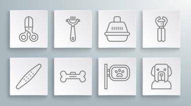 Çivi törpüsü, köpek ve kedi için saç fırçası, köpek kemiği, hayvan tımarlama, çanta taşı, tırnak makası ve kuaför ikonu. Vektör