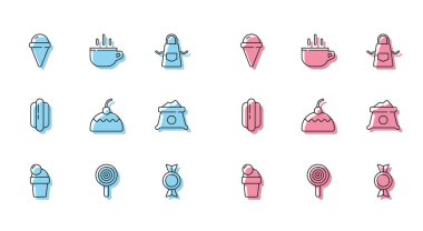 Dondurma, lolipop, waffle külahı, şeker, kek, un torbası, Hotdog sandviçi ve kahve bardağı ikonu. Vektör