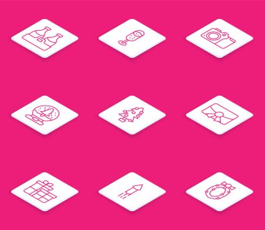 Sabit hat şampanya şişesi, bir kadeh şampanya fotoğraf makinesi, Noel kar küresi, ağaç, kartpostal, hediye kutusu ve havai fişek ikonu. Vektör