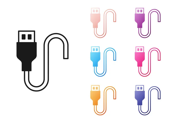 Zwart USB-kabelsnoer pictogram geïsoleerd op witte achtergrond. Aansluitingen en stopcontacten voor PC en mobiele apparaten. Stel pictogrammen kleurrijk. Vector — Stockvector
