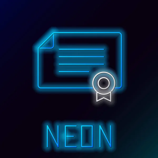 Gloeiende neon lijn Certificaat sjabloon pictogram geïsoleerd op zwarte achtergrond. Bereik, prijs, graad, beurs, diploma concepten. Kleurrijk concept. Vector — Stockvector