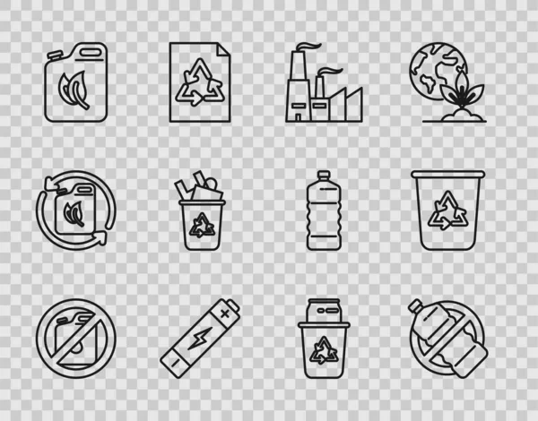 Set line No canister for gasoline, plastic bottle, Factory, Battery, Bio fuel, Recycle bin with recycle symbol, and and icon. Vector — Stock Vector